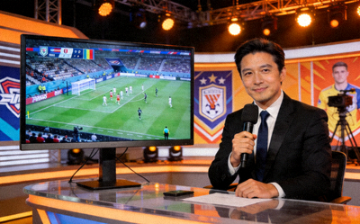 演播室场景，主持人正在解说比赛